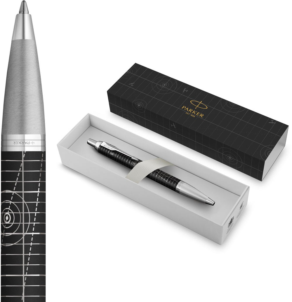 Parker im premium balpen | legacy of flight collectie | chroomafwerking | medium punt met blauwe inktvulling | geschenkdoos