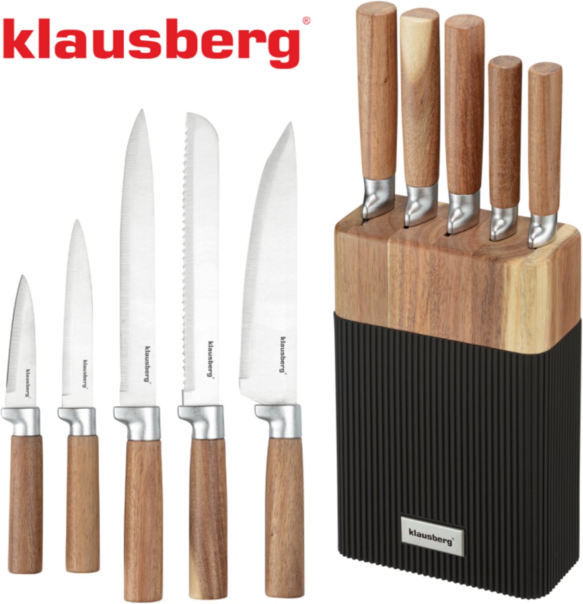 Klausberg kb-7981 6 delig messenset - 5 messen met acacia houten blok - roestvrij staal zwart - messenblok inclusief messen - natuurlijke look - koksmes - broodmes -