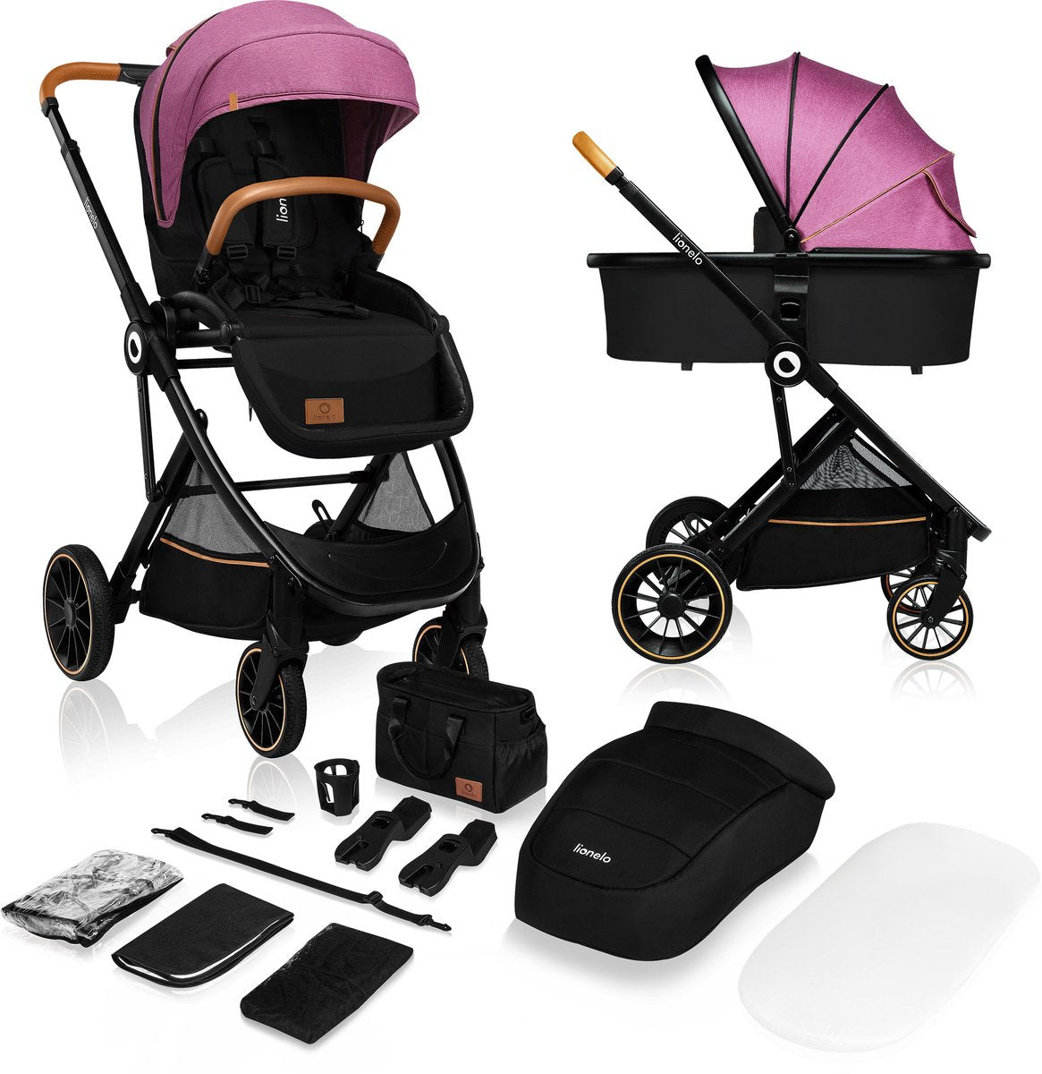Lionelo riya - kinderwagen 2 in 1 - wieg + wandelwagen - 0-15kg - opvouwbaar - xxl zonnekap - verstelbare rugleuning - grote pu wielen - accessoireset - verstelbare duwstang - voor achter montage
