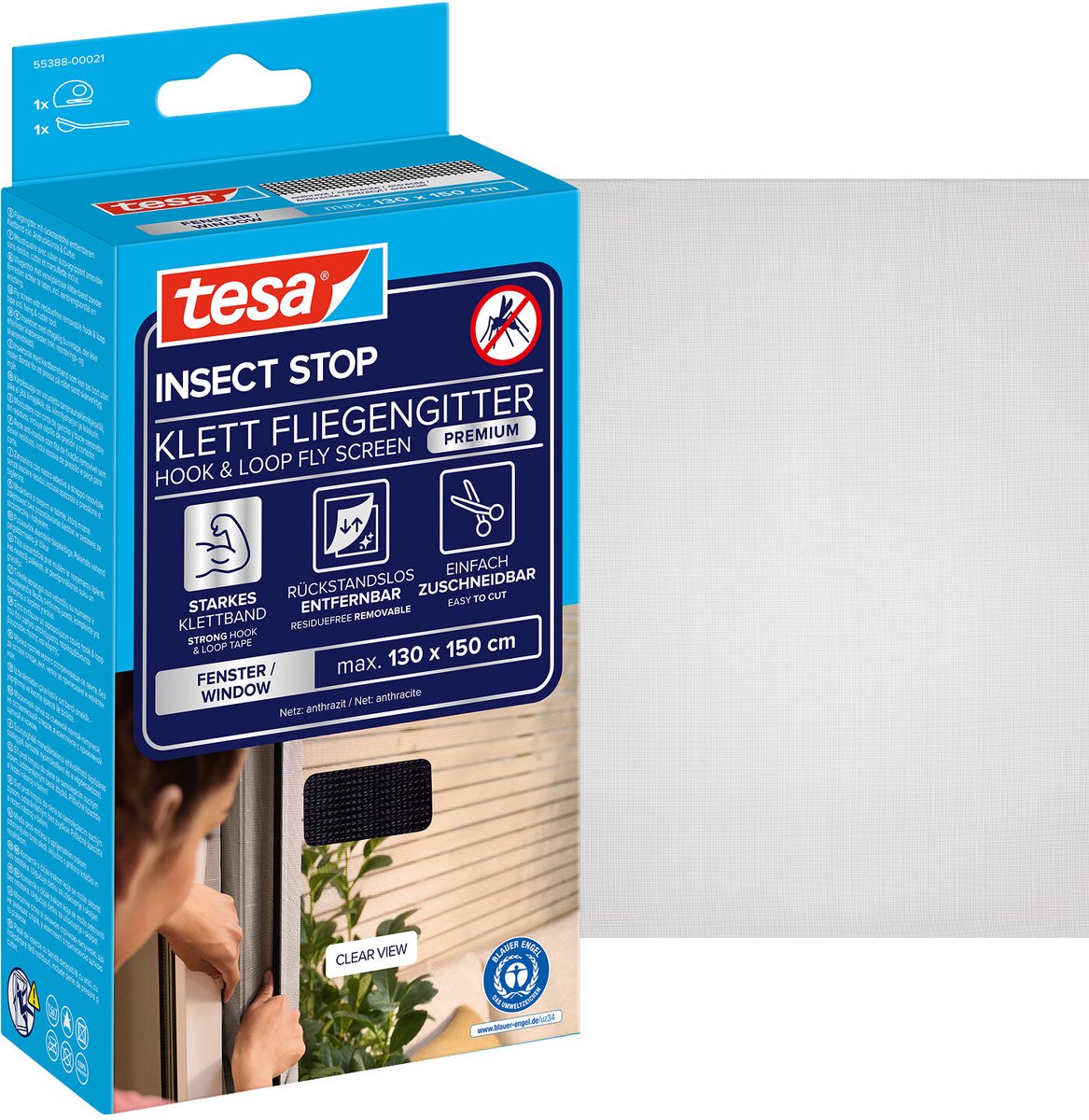 Tesa insect stop h l fly screen premium voor ramen - hor met sterke klittenband, verwijderbaar zonder resten, op maat snijden - 130 x 150 cm - zwart