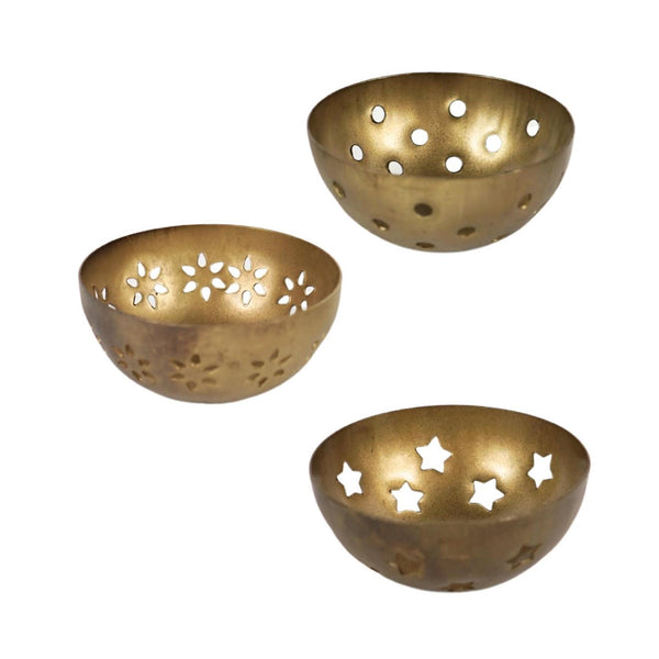 Theelicht- en amberhouder goudkleurig 7,5cm set a 3 stuks