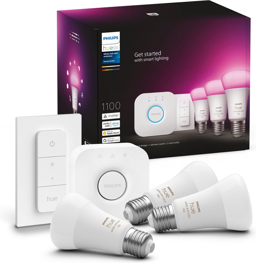 Philips Hue Starter Kit - White and Color Ambiance - 3 Bulbs - E27 - 1100lm - 1 Dimmer Switch