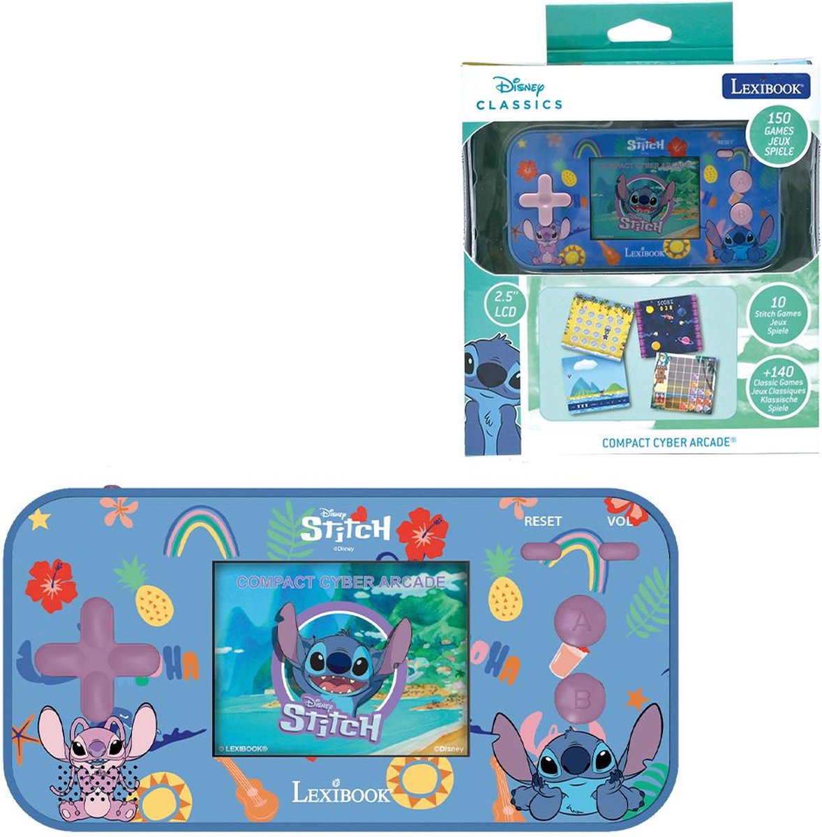 Lexibook stitch compact cyber arcade® pocket gaming console met kleuren lcd 2.5'' en 150 spelletjes waarvan 10 uit het disney stitch universum