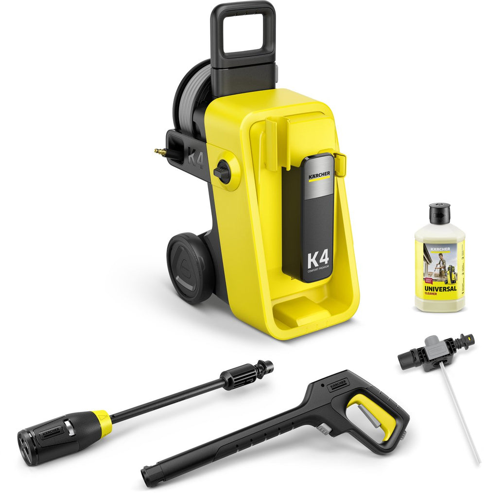 Kärcher k 4 comfort premium hogedrukreiniger - 130 bar - 420 l u - 30 m² u - slanghaspel - 4-in-1 spuitlans - geschikt voor oa. auto - fietsen - terras - motoren - schutting en tuinset