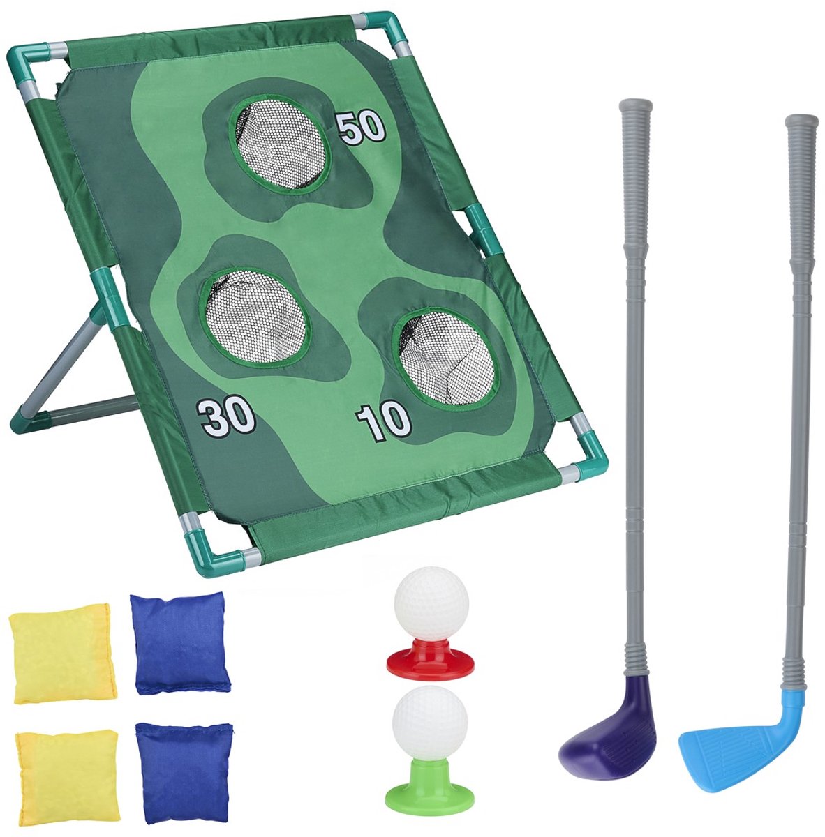 Eddy toys golf speelgoed 2-in-1 – minigolf en werpspel voor kinderen – golfset met clubs, ballen en bean bags – spellenset voor buiten spelen in tuin of vakantie