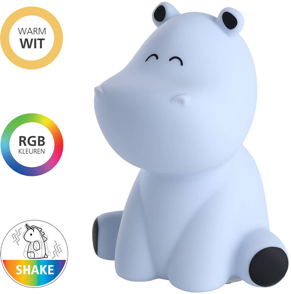 Eglo castellino nijlpaard nachtlampje kinderen baby - draadloos - 15 cm - blauw - rgb wit licht - oplaadbaar - touch bediening