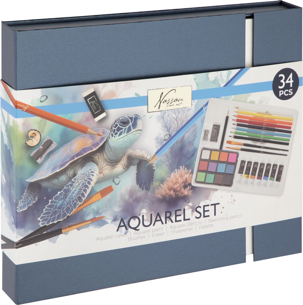 Creatieve knutselgroep aquarel kunstset 34 stukjes in kartonnen doos 27x22x3 cm