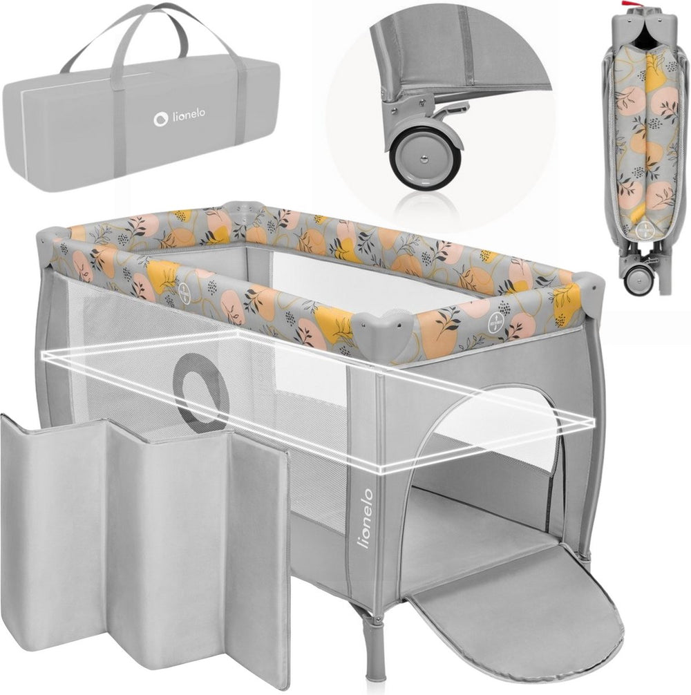 Lionelo stefi plus campingbedje 4 in 1 – baby bed inklapbare box reisbedje met bodemverhoger (rugvriendelijk ontwerp) – met comfort matras – 60x120 cm – 0-36 maanden tot 15 kg – zij-ingang – wielen – transporttas – babybed babybox ledikant