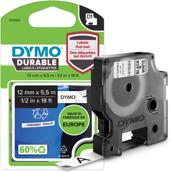 Dymo originele d1 duurzame labels | zwarte tekst op wit label | 12 mm x 5,5 m | zelfklevende etiketten voor de labelmanager labelprinter | gemaakt in europa