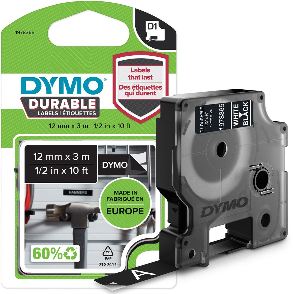 Dymo originele d1 duurzame labels | witte tekst op zwart label | 12 mm x 3 m | zelfklevende etiketten voor de labelmanager labelprinter | gemaakt in europa