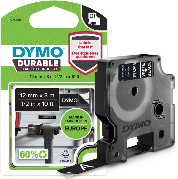Dymo originele d1 duurzame labels | witte tekst op zwart label | 12 mm x 3 m | zelfklevende etiketten voor de labelmanager labelprinter | gemaakt in europa