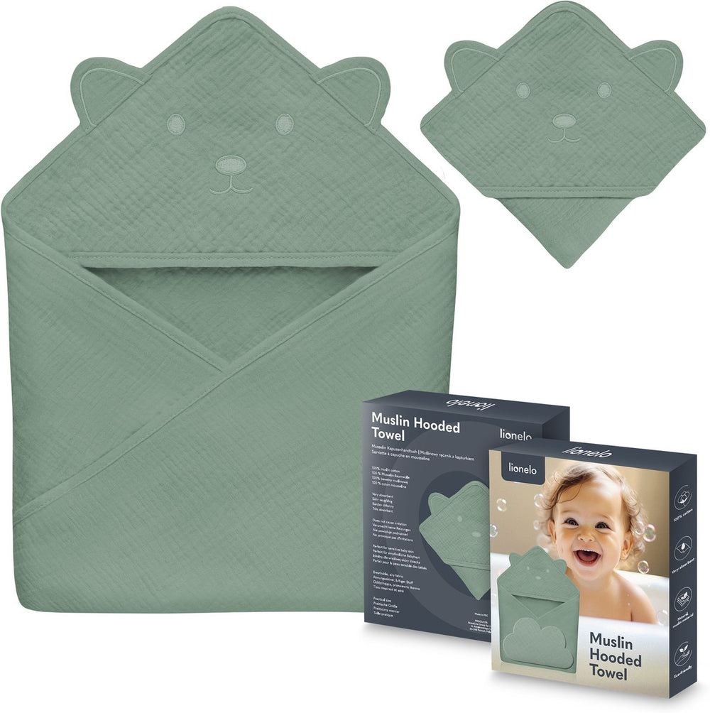 Lionelo muslin hooded baby towel – zachte babyhanddoek met capuchon van 100% katoenen mousseline – zachte badcape met capuchon – ademend, hypoallergeen irritatievrij – uitstekende absorptie – voor pasgeborenen oudere kinderen – 75x75 cm
