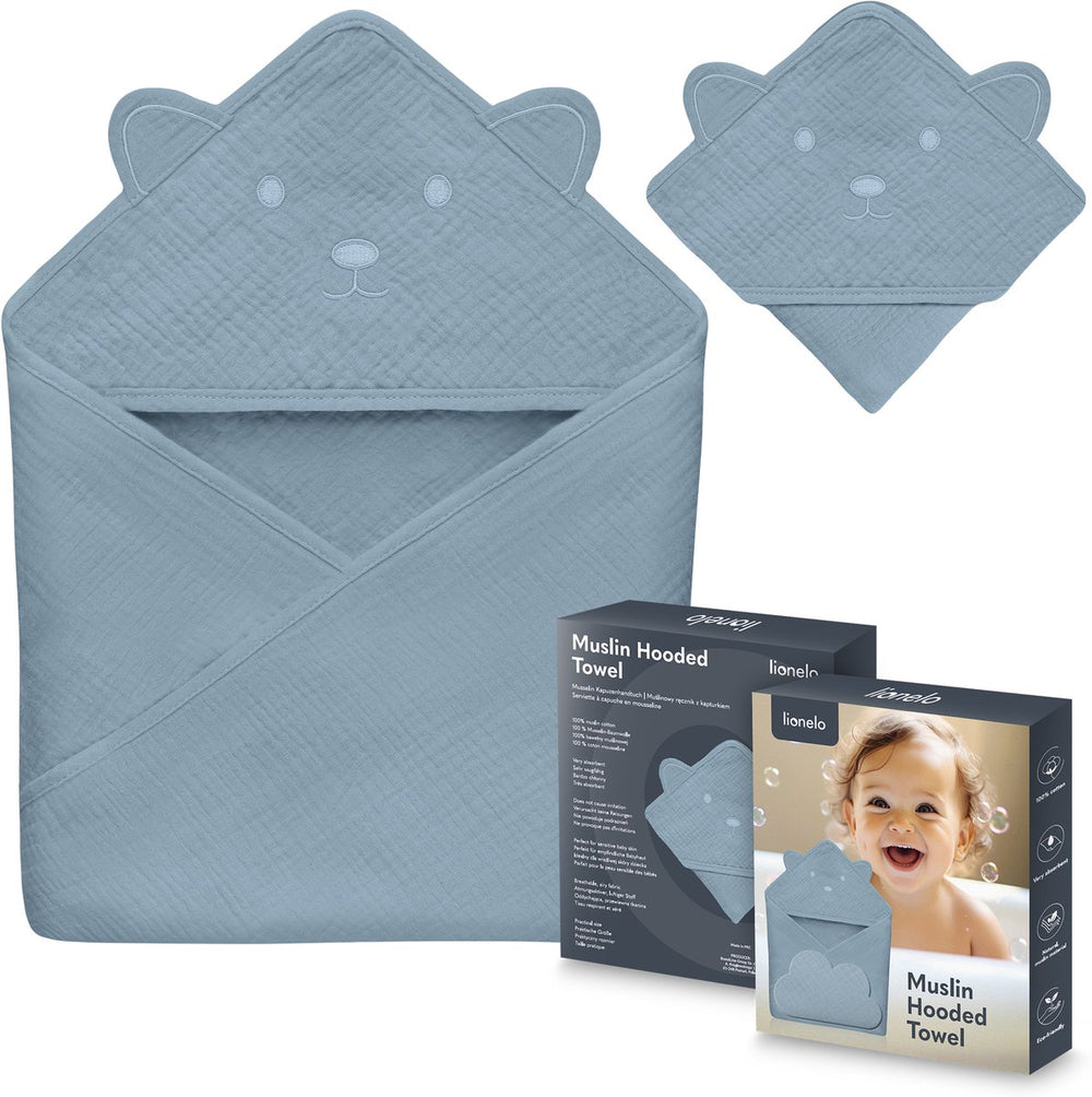Lionelo muslin hooded baby towel – zachte babyhanddoek met capuchon van 100% katoenen mousseline – zachte badcape met capuchon – ademend, hypoallergeen irritatievrij – uitstekende absorptie – voor pasgeborenen oudere kinderen – 75x75 cm