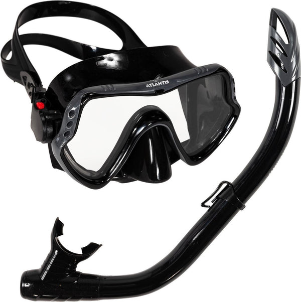 Atlantis samana pro combo - snorkelset - snorkel duikbril - versterkt glas - dry top - luxe bewaartas - volwassenen - zwart grijs