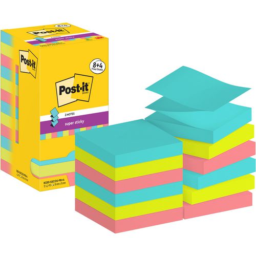 Post-it super sticky z-notes post_it r330-sscos-p8+4 76x76mm blauw, groen, roze