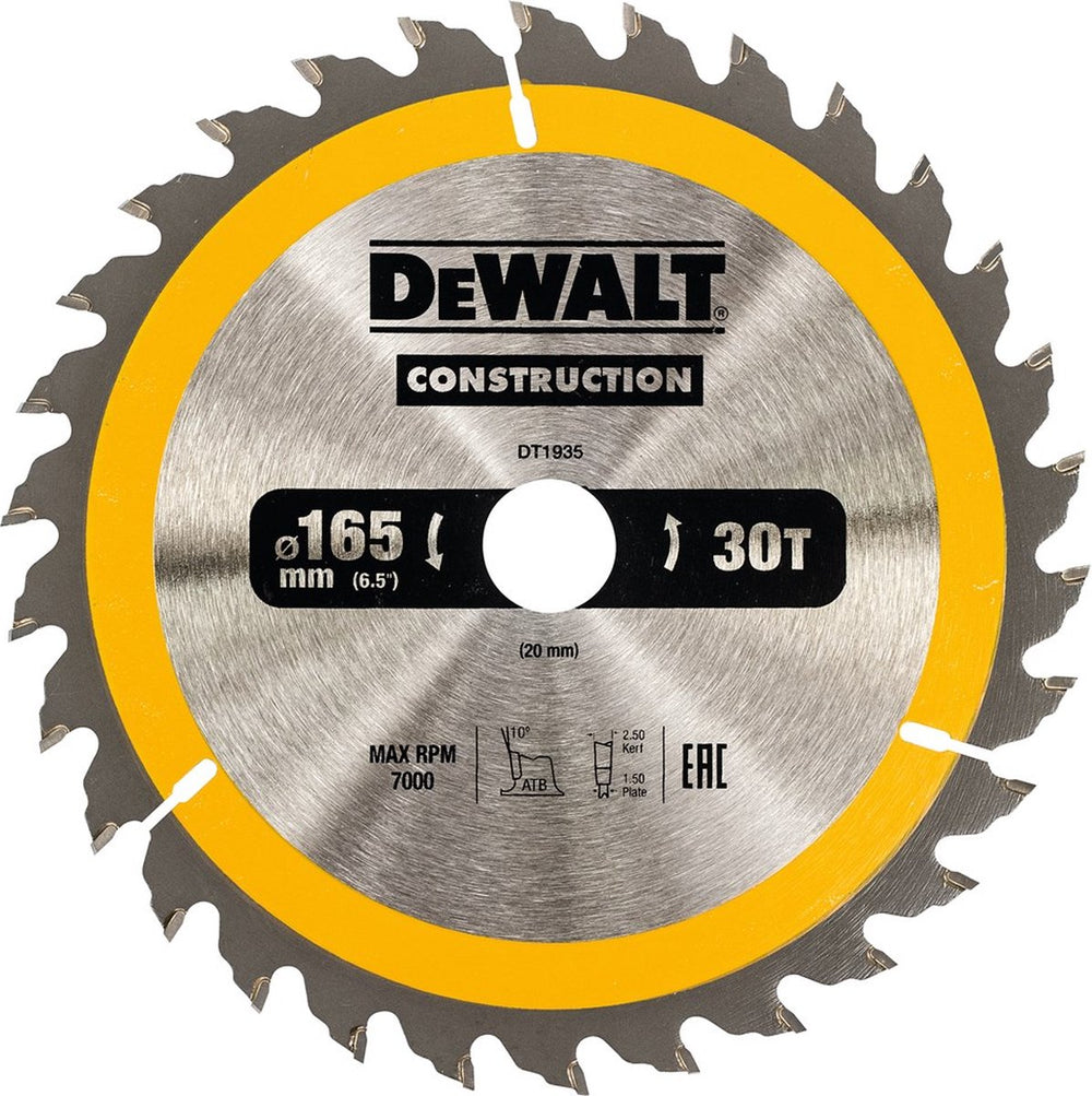 Dewalt cirkelzaagblad voor hout | construction | ø 165mm asgat 20mm 30t - dt1935-qz