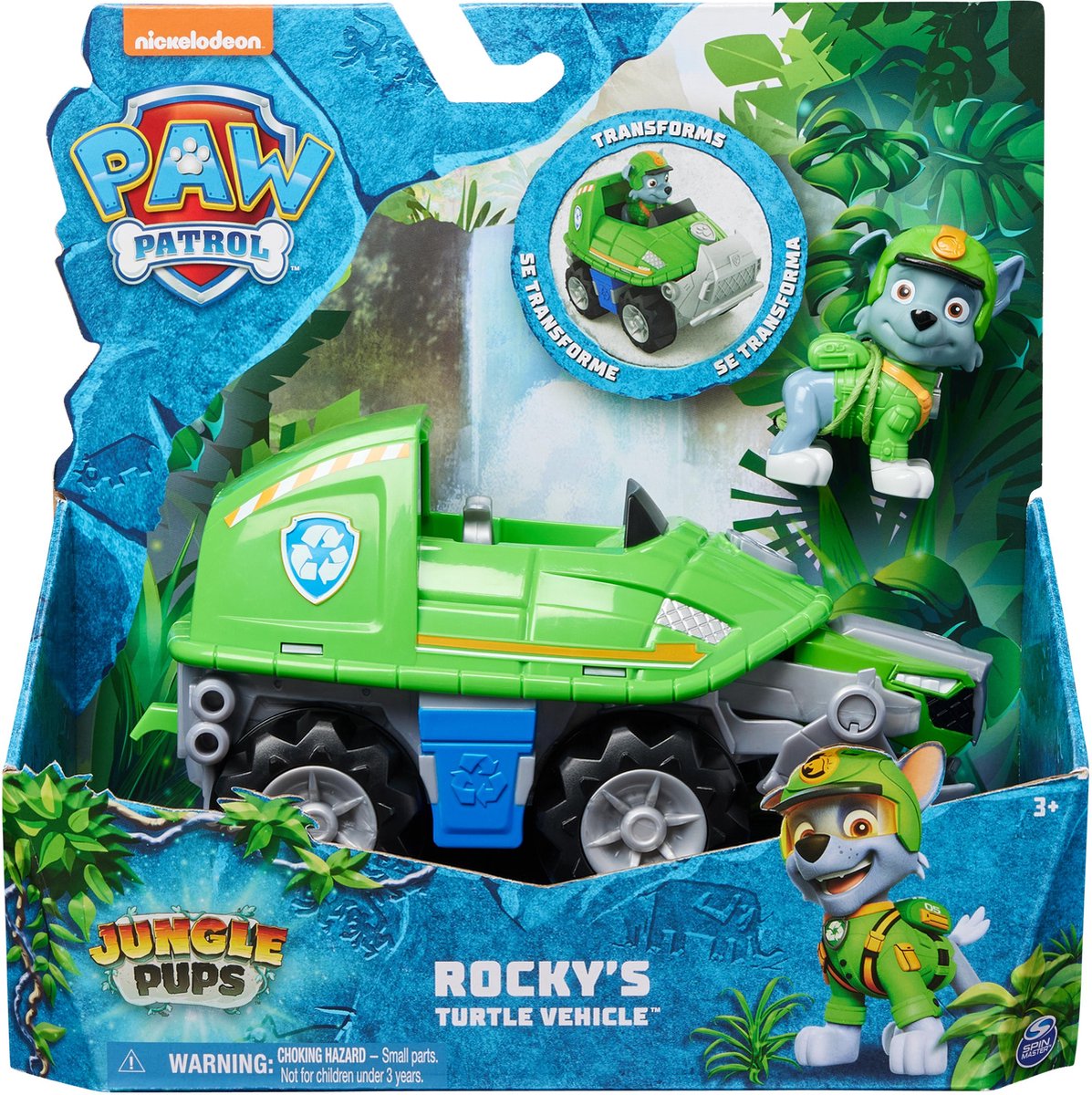 Paw patrol jungle pups - rocky's schildpad-voertuig - speelgoedauto met speelfiguur