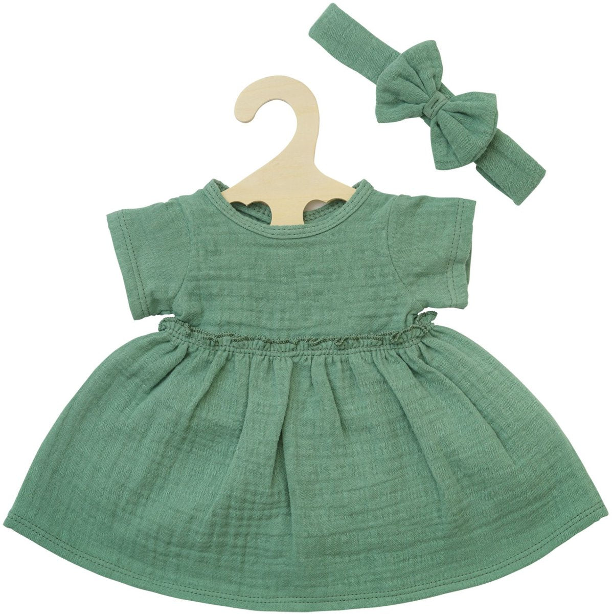 Heless doll dress cotton with ruffles and headband sage green 28-35cm.