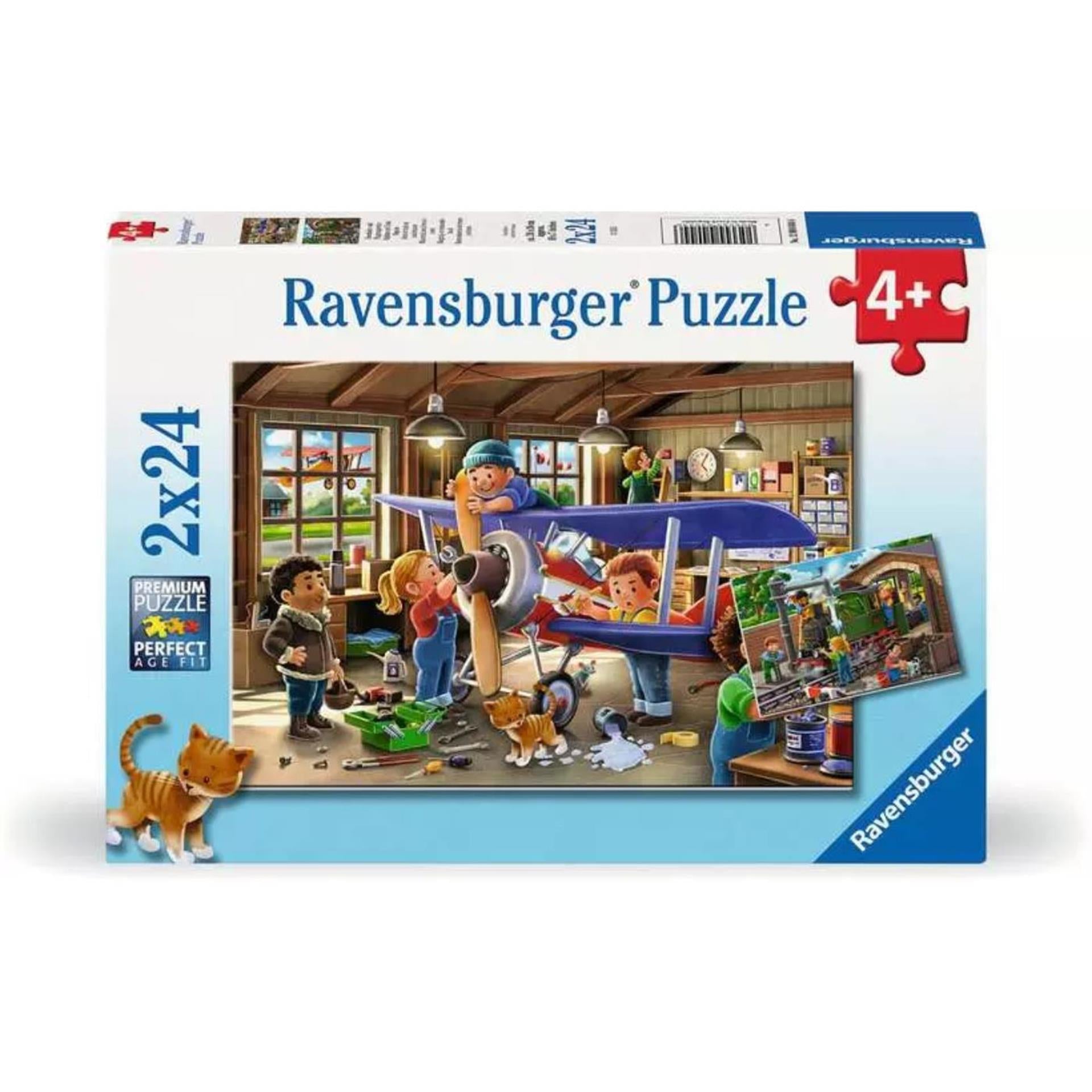 Ravensburger legpuzzel vliegtuig en trein reparatie, 2x24st.