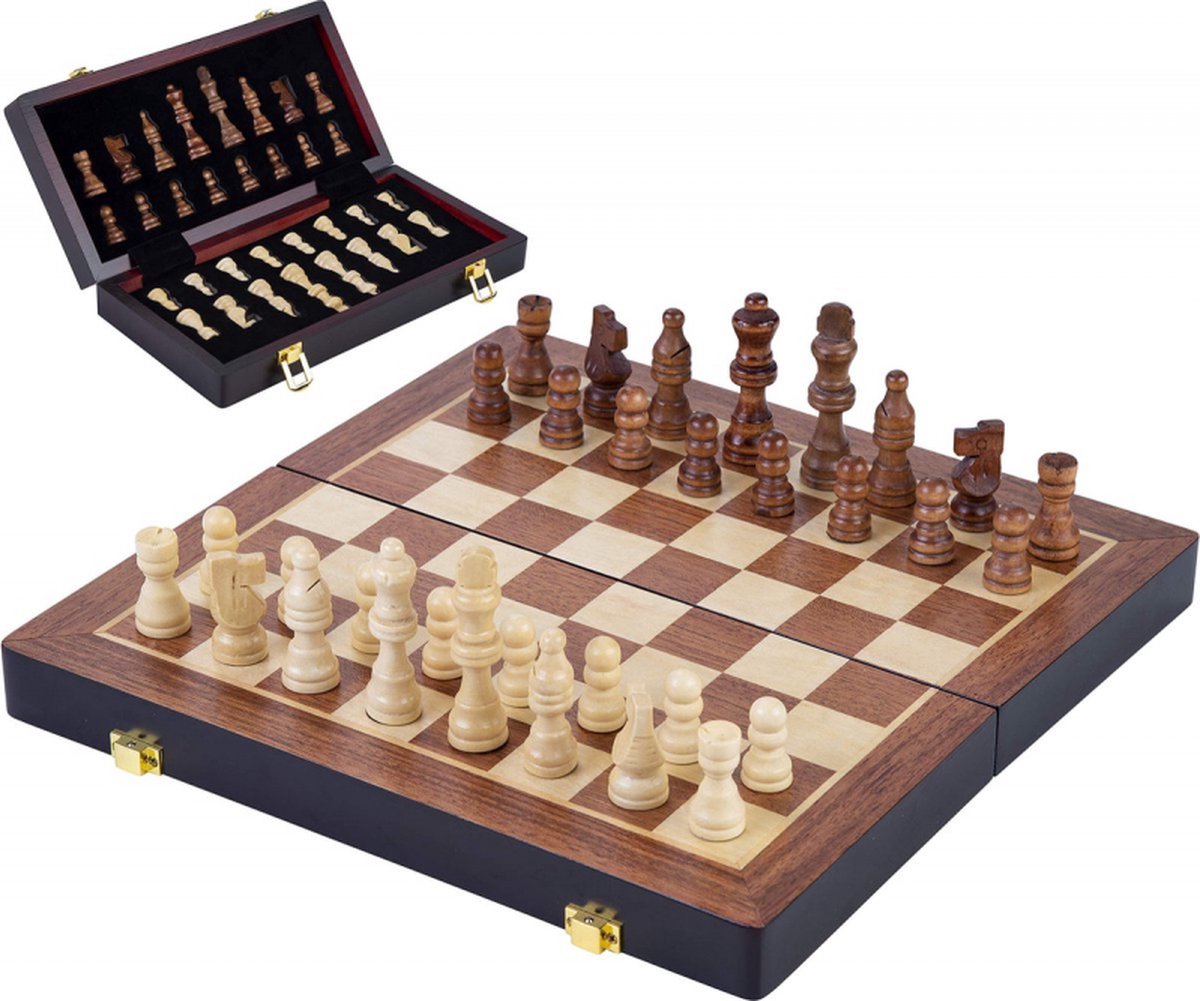 Basis houten opklapbaar schaakspel 38,5x38,5x5,8 cm