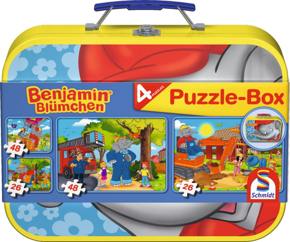 Schmidt - legpuzzel - benjamin blümchen, puzzelbox, 2x26, 2x48 stukjes - onderdelen in metalen koffer - kinderen - vanaf 4 jaar