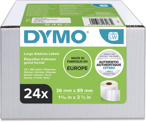 Dymo originele grote labelwriter adreslabels | 36 mm x 89 mm | 24 rollen met elk 260 labels (6240 zelfklevende etiketten) | geschikt voor de labelwriter labelprinters | gemaakt in europa