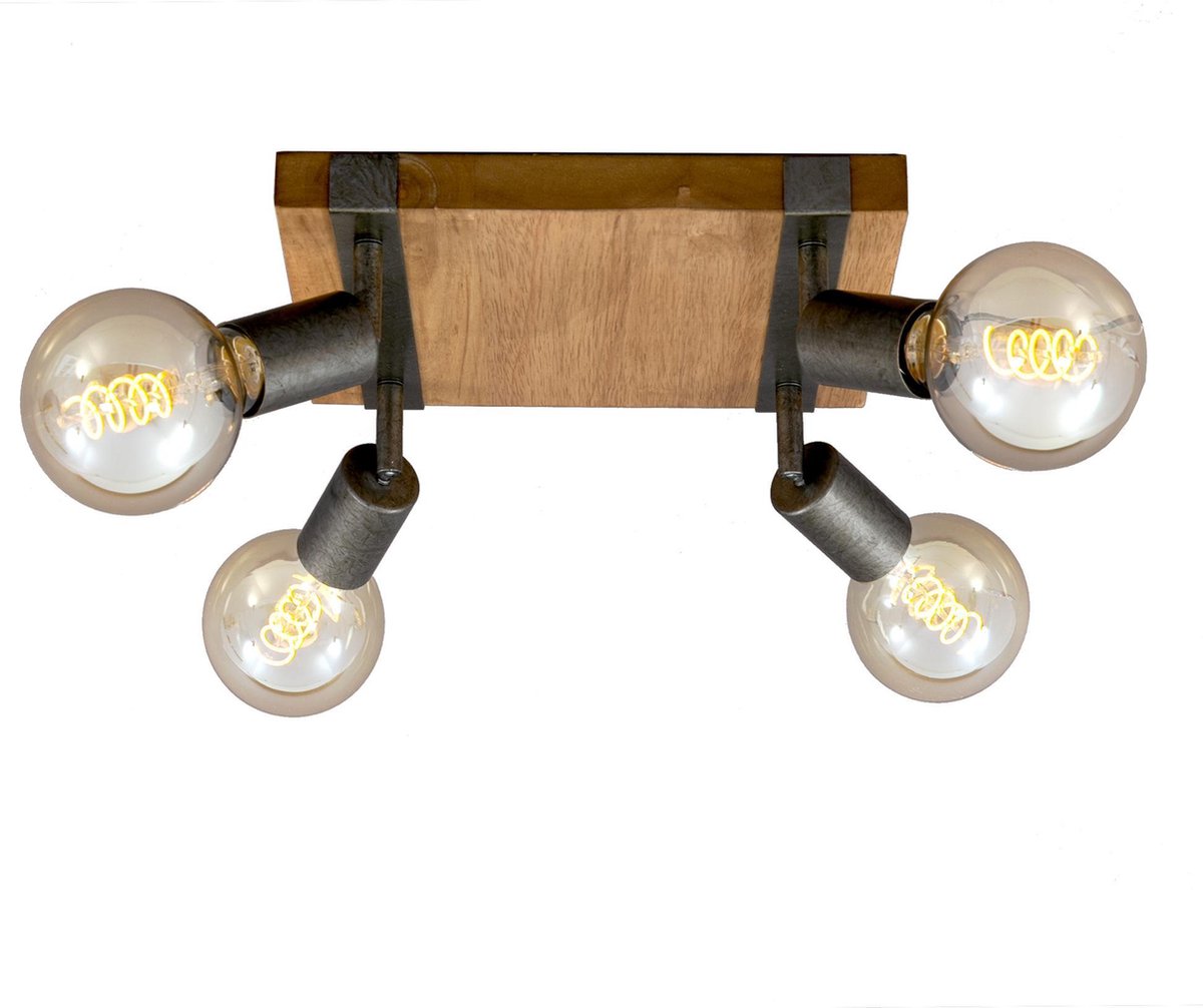 Briloner leuchten wood basic - plafondlamp vierkant - spots draaibaar - 4xe27 max. 25w - materiaal: hout en metaal - kleur: zwart en metaal grijs
