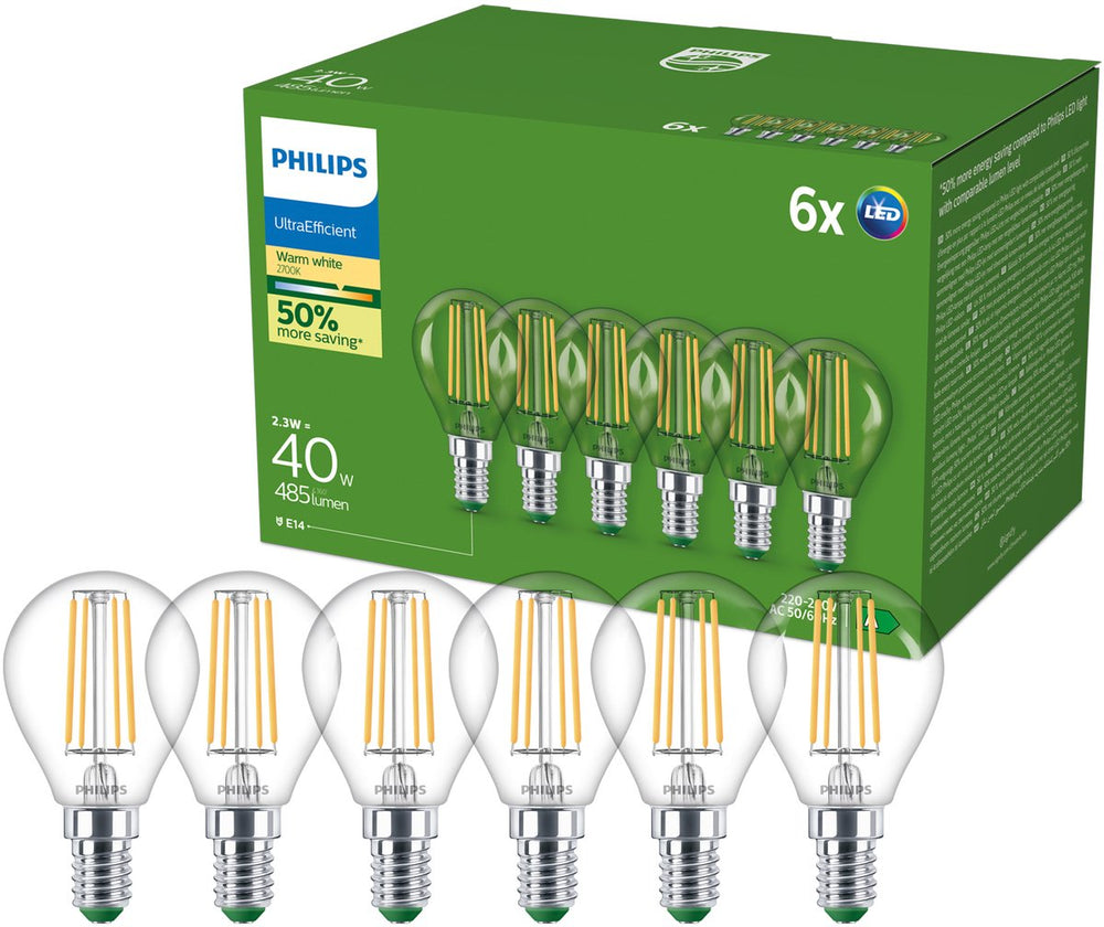Philips filamentkogellamp helder 40w p45 e14 x6