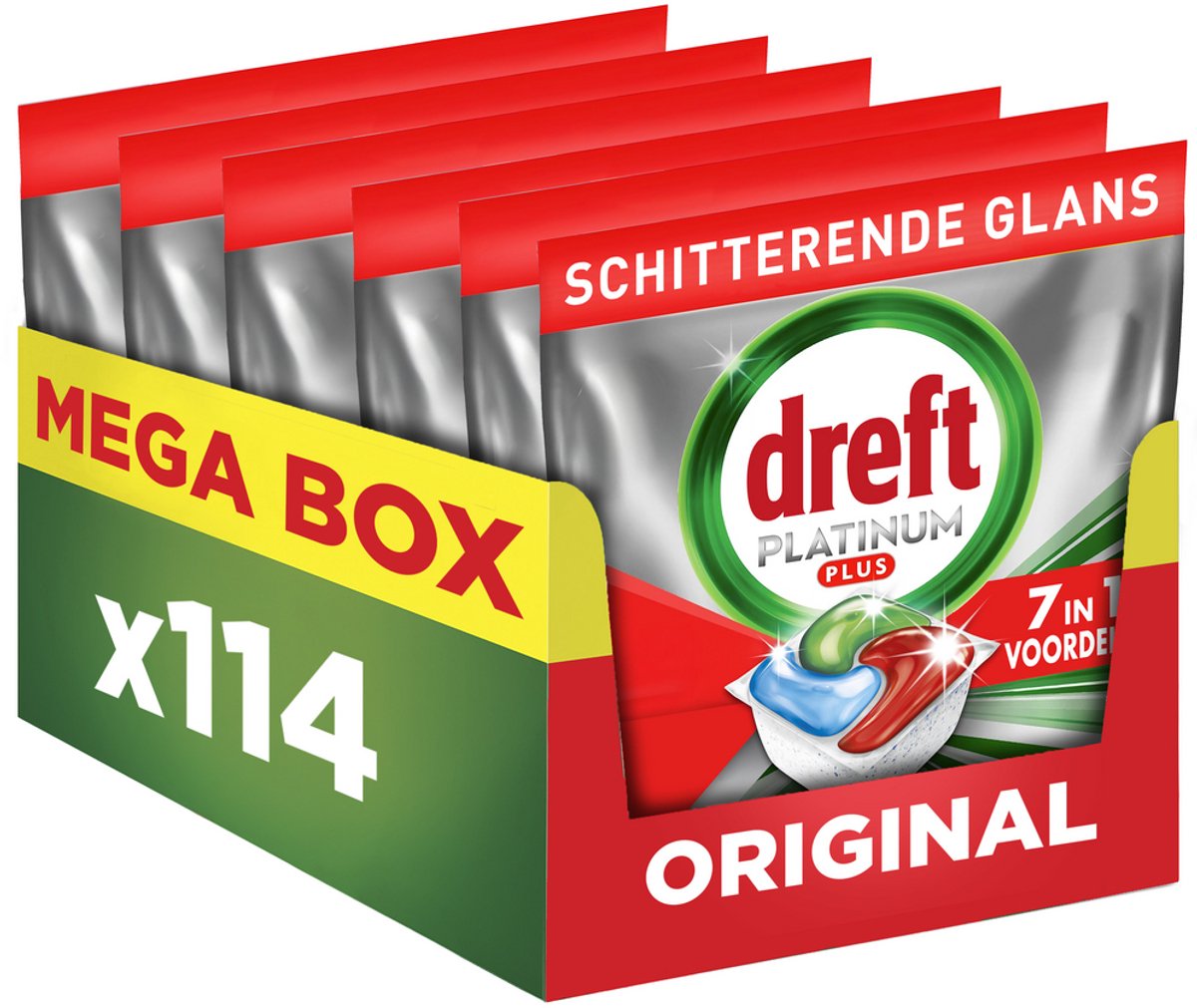 Dreft platinum plus all in one vaatwastabletten - anti-dofheidstechnologie - 114 capsules - mega box