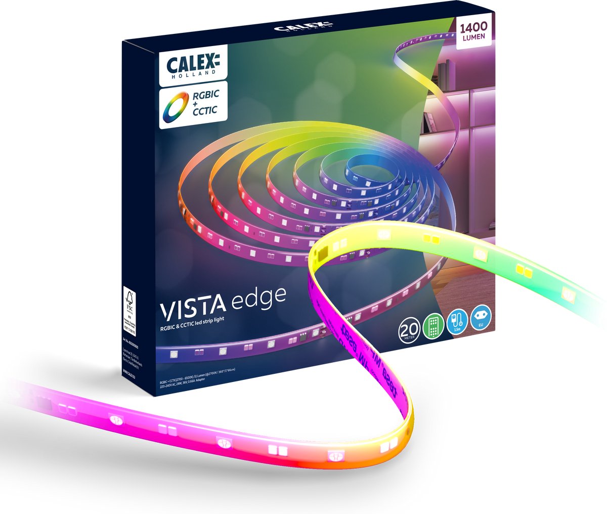 Calex led strip - 20 meter - rgb + cct individual control - 1400 lumen - binnengebruik - koel tot warm wit licht kleuren verlichting - muzieksynchronisatie - afstandsbediening