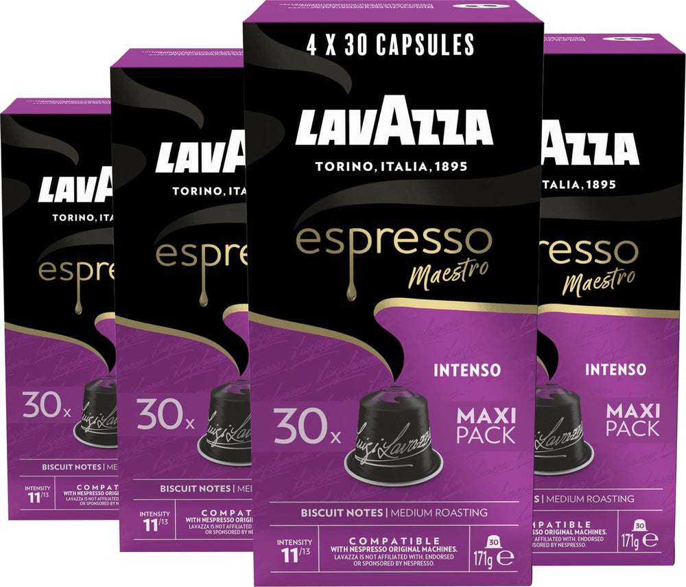 Lavazza espresso intenso koffiecups - 120 nespresso cups - koffie blend van arabica robusta - intensiteit: 11 13 - 4 x 30 aluminium capsules