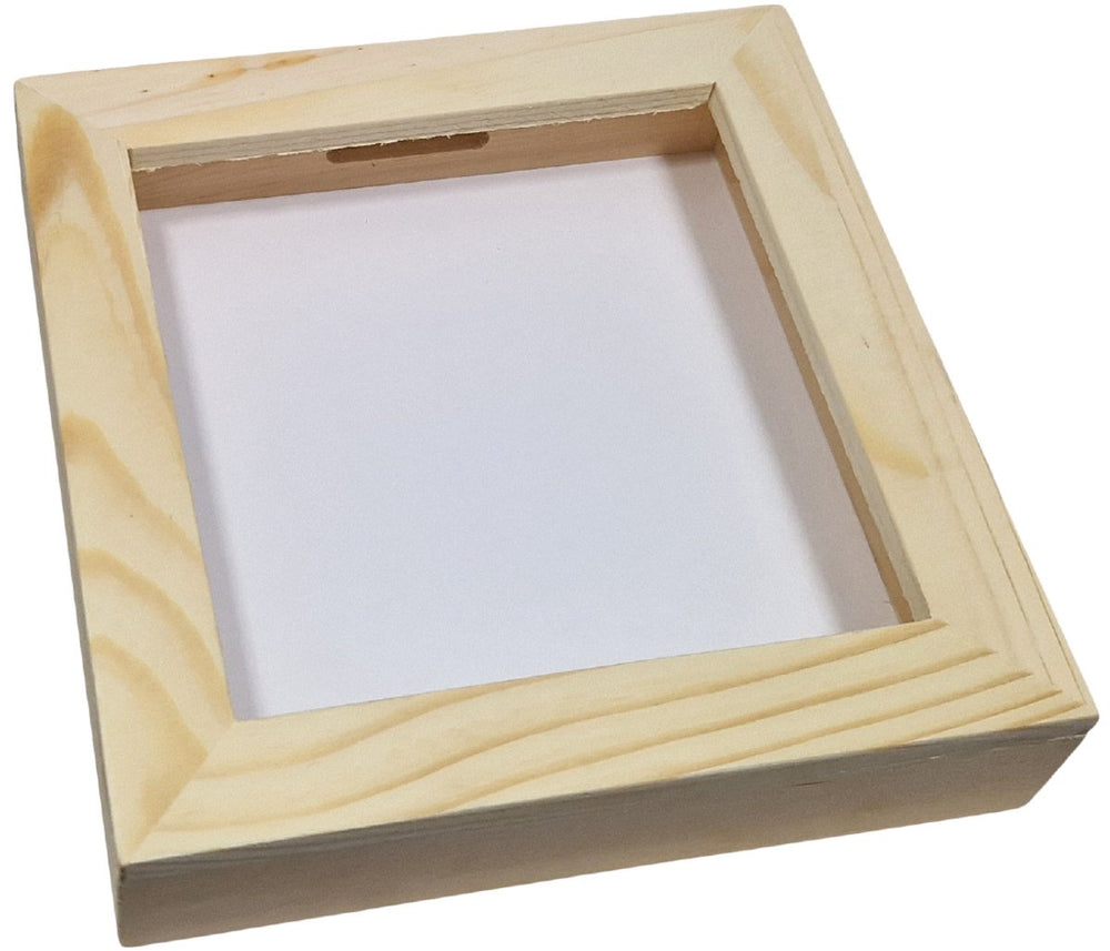 Playwood hobbygroep spaarpot plexiglas houten geldbox naturel wit 17 cm.