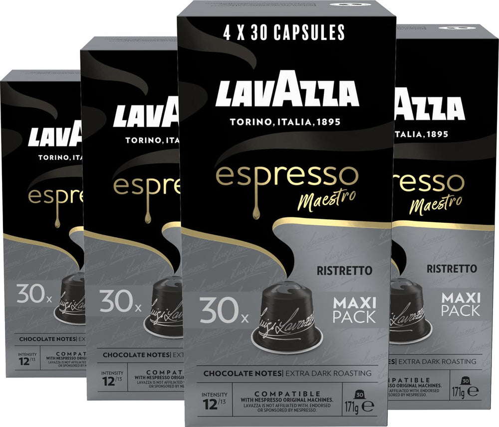 Lavazza espresso ristretto koffiecups - 120 nespresso cups - koffie blend van arabica robusta - intensiteit: 12 13 - 4 x 30 aluminium capsules