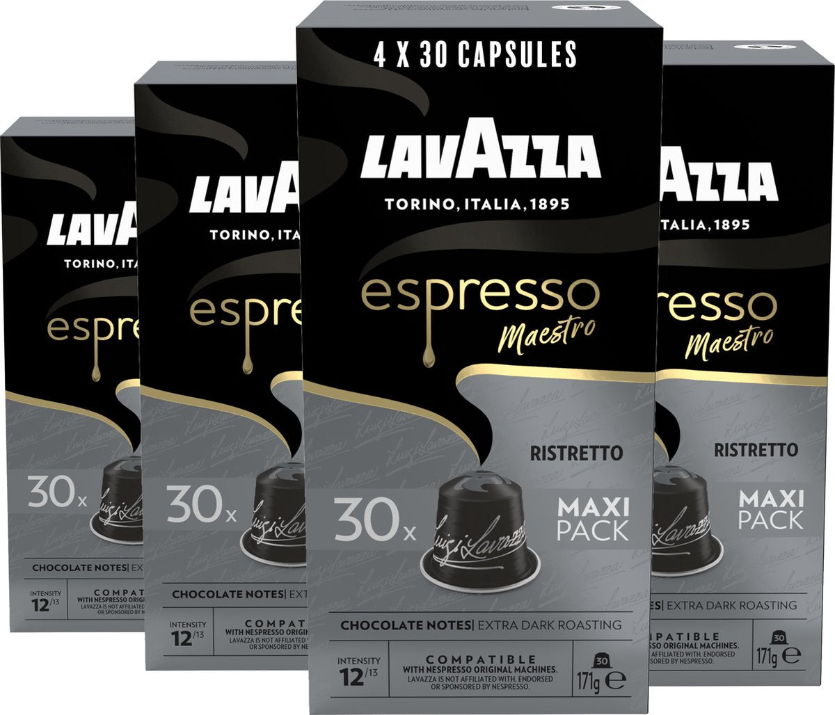 Lavazza espresso ristretto koffiecups - 120 nespresso cups - koffie blend van arabica robusta - intensiteit: 12 13 - 4 x 30 aluminium capsules