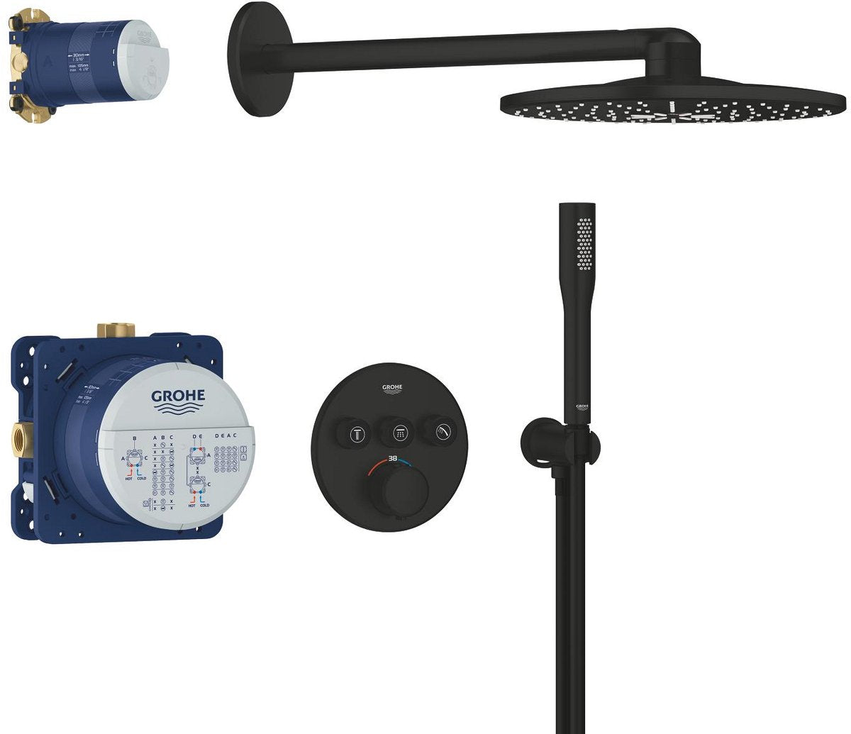 Grohe precision smartcontrol inbouwdouche - met thermostaatkraan - vitalio smartactive 310 hoofddouche (2 straalsoorten) vitalio get stick handdouche (1 straalsoort) - rond design - matte black