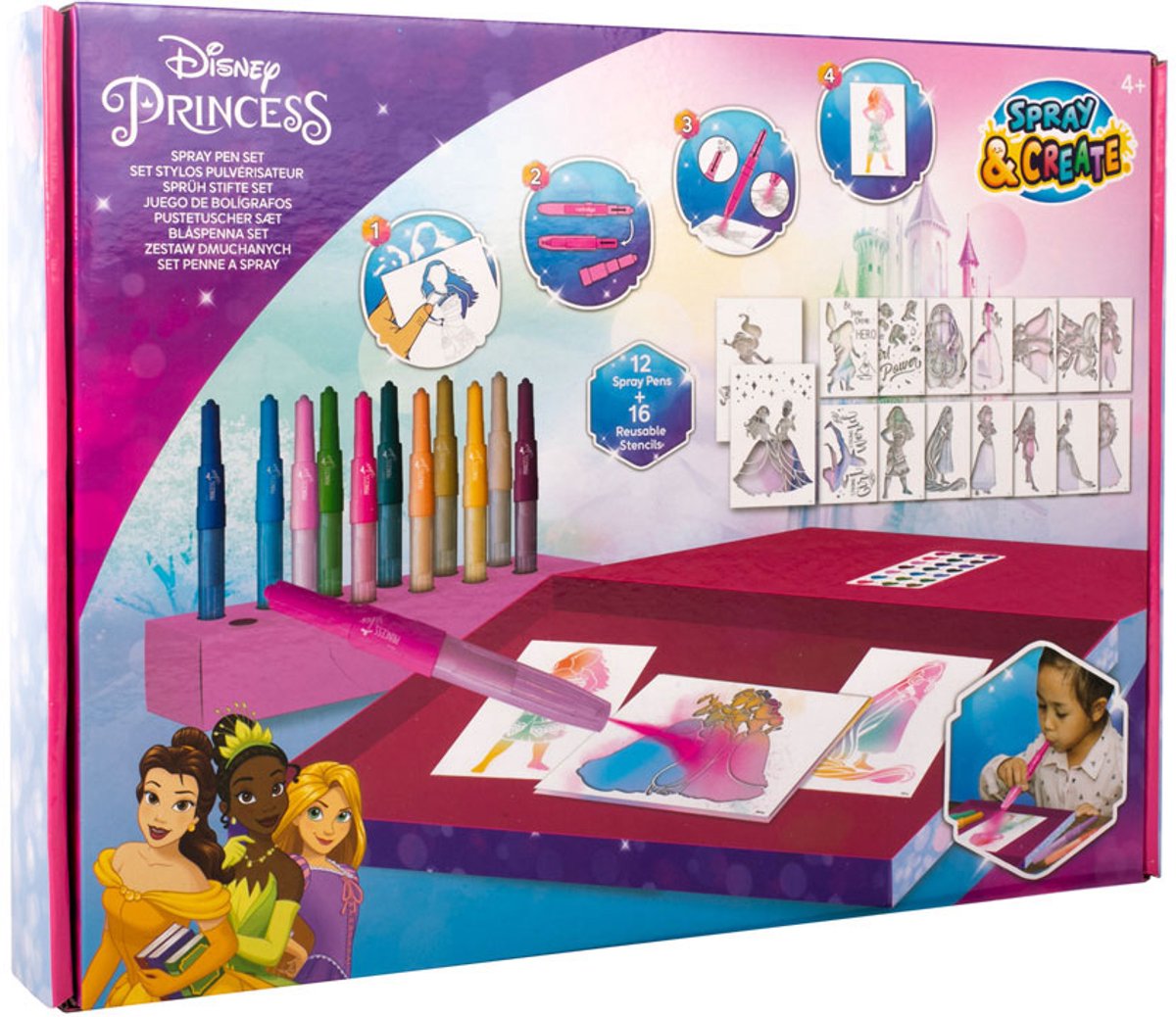 Canenco disney princess - spray pen set deluxe (dp22368) - kleurstiften voor kinderen - tekenset met gekleurde pennen en tekensjablonen