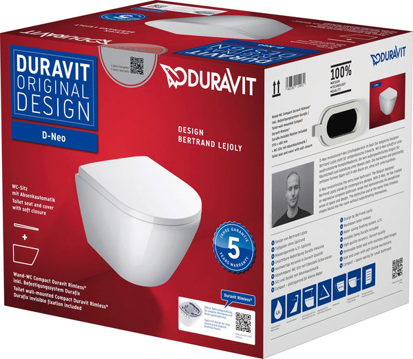 Duravit d-neo compact hangtoilet – rimless – 37 x 48 cm – durafix verdekte bevestiging – met softclose zitting – glans wit