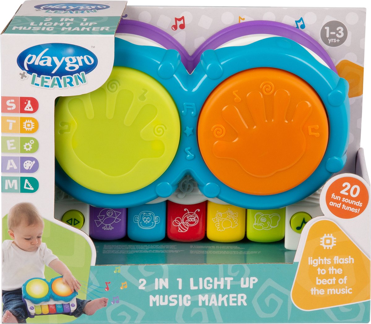 Playgro 2 in 1 muziekmaker met geluid en licht - djembee - baby speelgoed muziekinstrument - baby speelgoed - muziekinstrument voor baby - interactief speelgoed baby - educatief speelgoed - kraam cadeau- speelgoed met licht en geluid