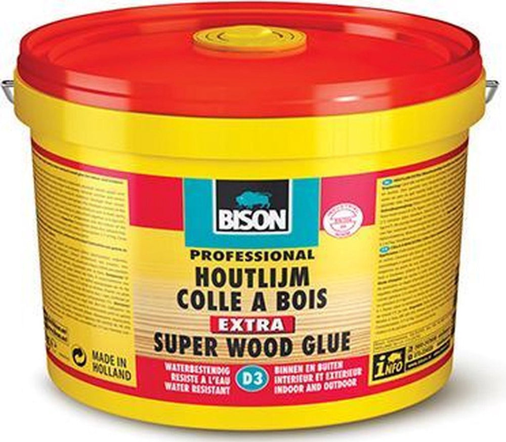 Bison houtlijm extra emmer 5 kg, hoogwaardige houtlijm, voor binnen en buiten, droog transparant op, sterker dan hout, oplosmiddelvrij, d3, sterker dan hout