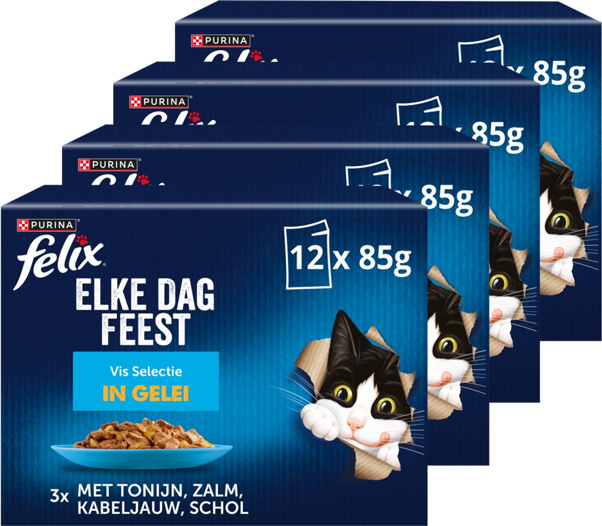 Felix elke dag feest vis selectie in gelei - kattenvoer natvoer - tonijn zalm kabeljauw schol - 48 x 85 g