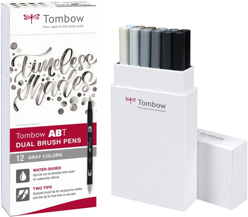 Tombow abt dual brush tekenpennen - brushpennen - grijze kleuren - set van 12 stuks