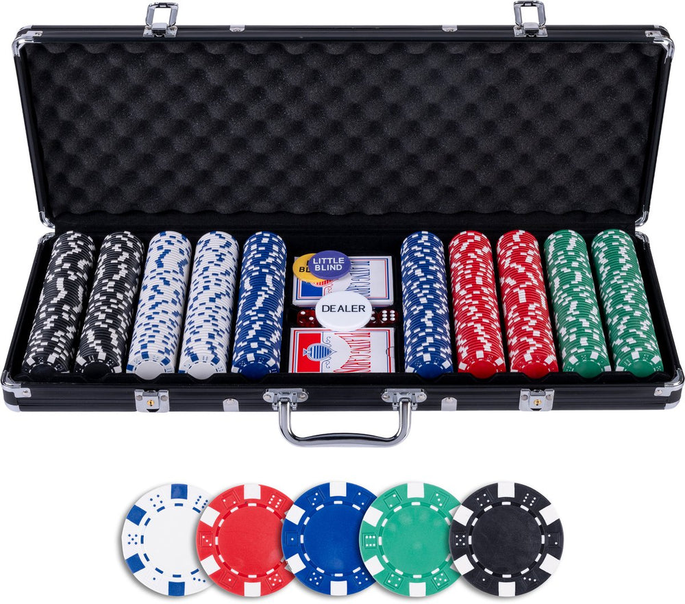 Engelhart pokerset 500 chips (11,5 gram) in zwarte koffer – met 2 sets speelkaarten, 5 dobbelstenen en dealer buttons