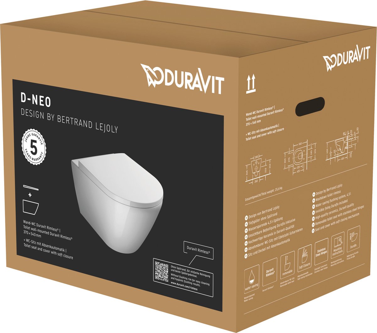Duravit d-neo wandtoilet met zitting 37x54x40cm wit hoogglans