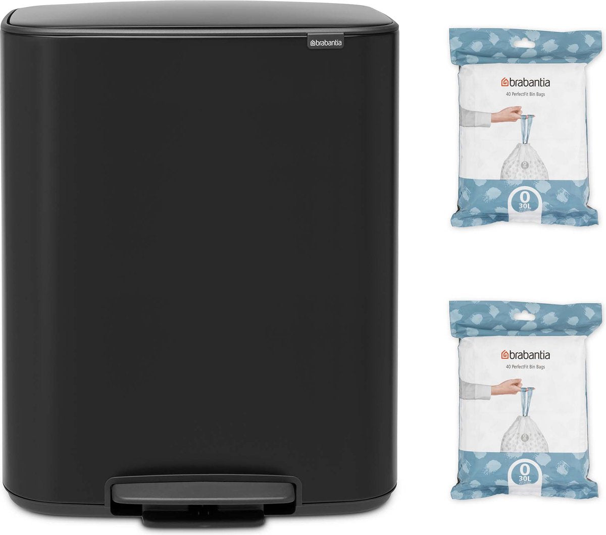 Brabantia bo prullenbak - 2 x 30 liter - met 80 vuilniszakken - afvalscheiding - matt black