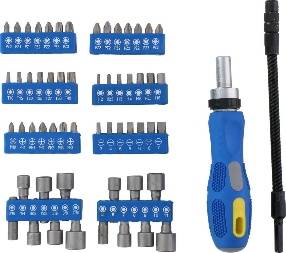 Kinzo gereedschapset: bitset doppenset met ratel - 14 doppen - 42 bits - o.a. torx, inbus en kruiskop - 58 stuks