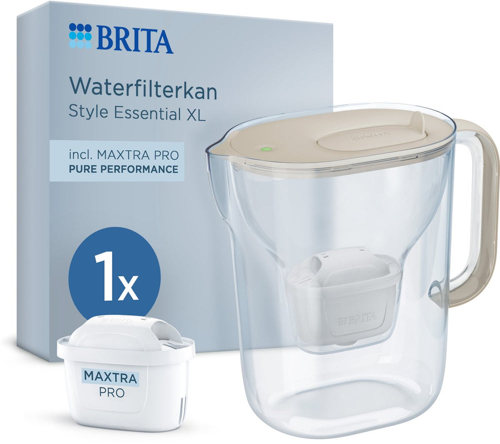 Brita waterfilterkan style essential xl - 3,6l - sand - incl. 1x maxtra pro pure performance - grote filterkan met smart light led klapdeksel, filtert verontreinigingen meer