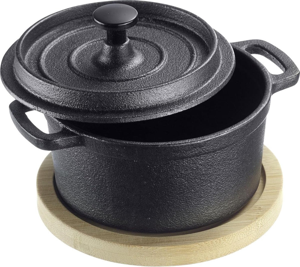 Westmark gietijzeren pan tapas + friends – kleine gietijzeren pan met deksel, geschikt voor alle soorten fornuizen, inclusief inductie en grill, incl. bamboe onderzetter – ijzer, 250ml