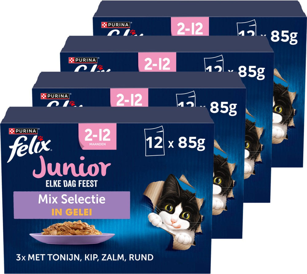 Felix elke dag feest in gelei junior mix selectie- kattenvoer natvoer - tonijn zalm rund kip - 48 x 85 g