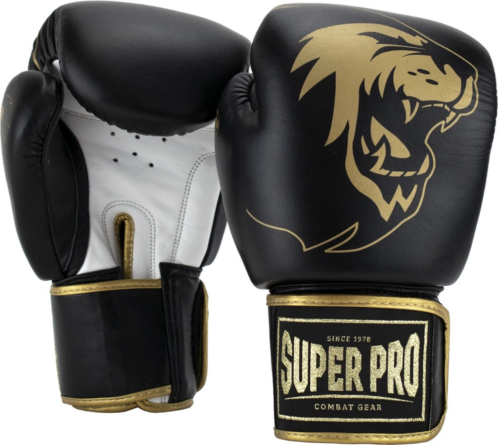 Super pro combat gear warrior se lederen (kick)bokshandschoenen zwart goud wit 10oz