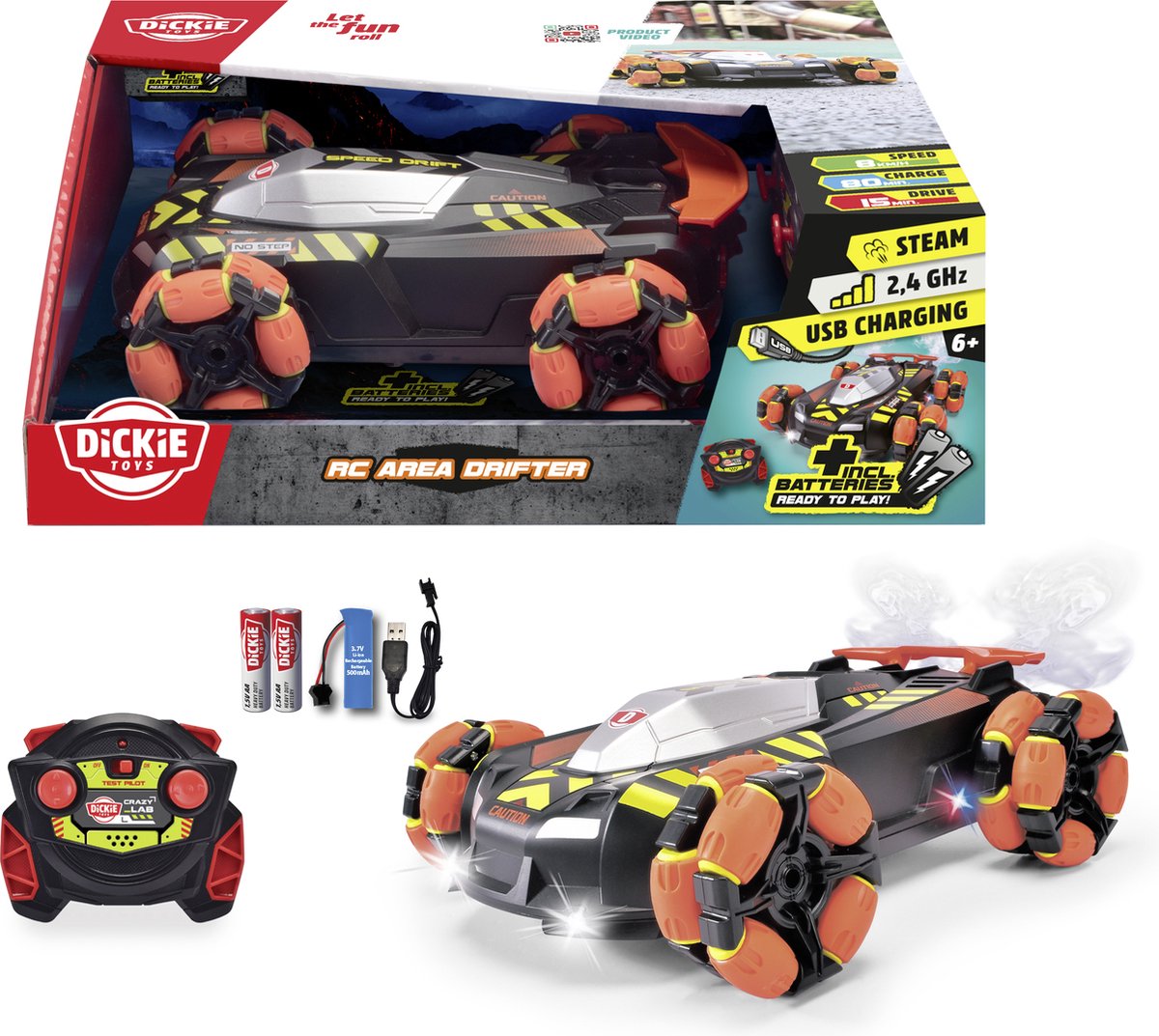 Dickie toys - rc area drifter - racewagen - licht - rookfunctie - driftfunctie - vanaf 6 jaar